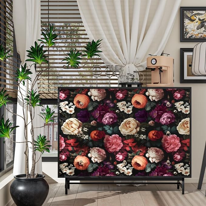 Fvlow Colorful Flower Dark Floral Peel and Stick Wallpaper 17.4" x 118" | Renter Friendly, Removable & Waterproof, Vinyl Easy Install for Bedrooms, Bathrooms, Kitchens, Cabinets and Home Decor