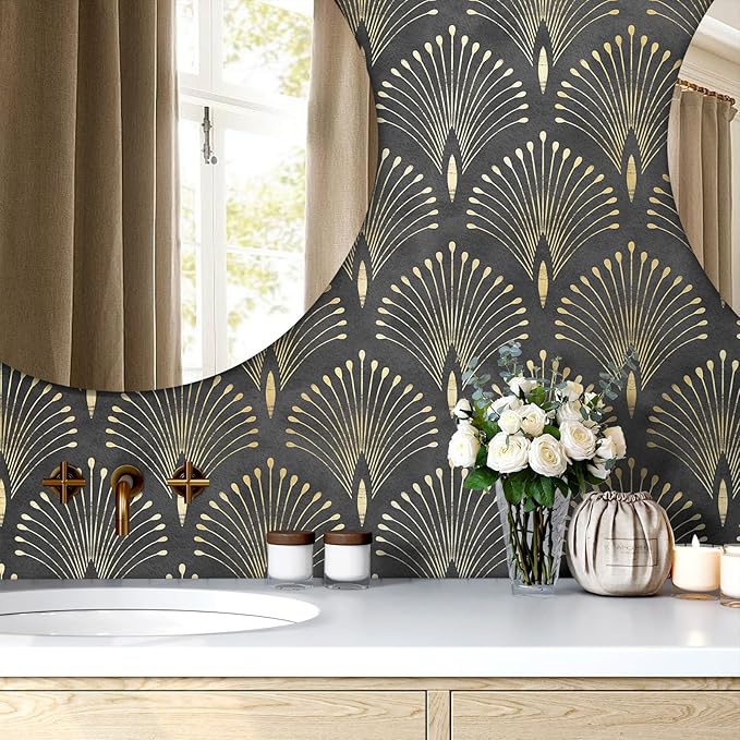 Livelynine Black Gold Art Deco Wallpaper Peel and Stick Dark Peacock Feather Accent Wall Paper Self Adhesive Modern Abstract Luxury Black Metallic Gold Removable Contact Paper Waterproof 17.5x78.8