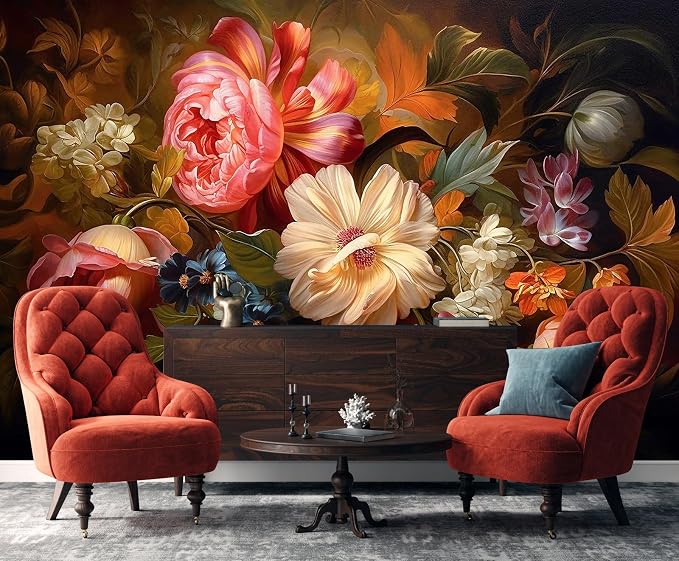 Toolhom Hand-Painted Watercolor Rose Peony Leaves Flower Mural | 149"x96" non-self-adhesive assorted colors flower wallpaper , can be affixed to the living room bedroom walls