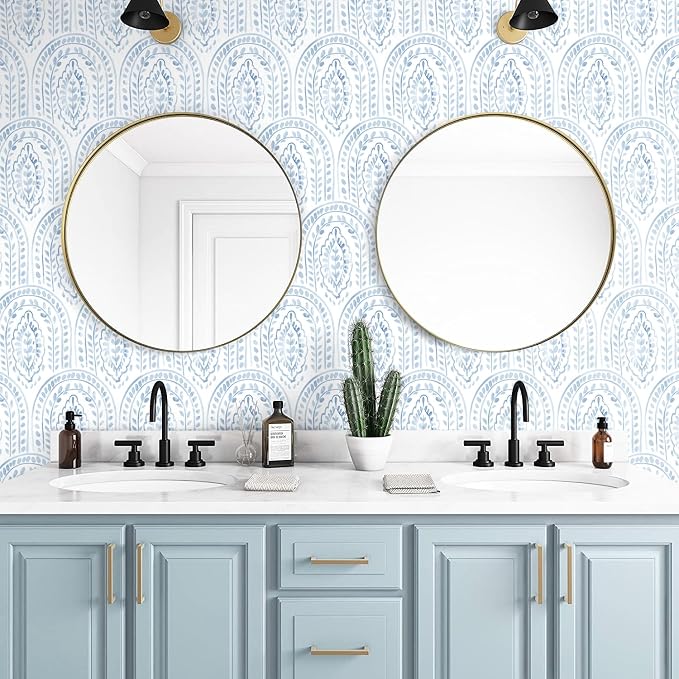 Peel and Stick Wallpaper Modern Wall Paper Boho Contact Paper Removable Peel and Stick Blue and White Self-Adhesive Wallpaper for Bathroom Bedroom Kitchen Wall Decor 17.3" x 197"