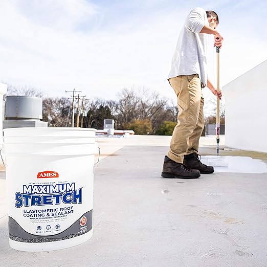 Ames Maximum Stretch - Waterproof Sealant Membrane - Perfect For Roofing, Repairs, Concrete, EPDM & Wood - Liquid Rubber Sealer - Up To 650% Elastic - Made in USA, White, 4.6 Gallon (Pack of 1)