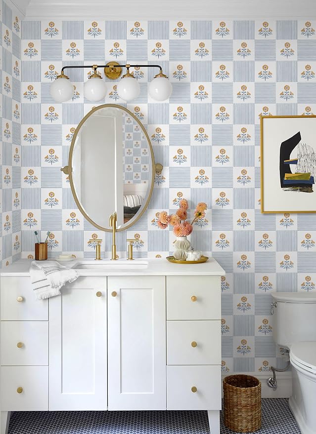 Guvana Blue Floral Peel and Stick Wallpaper Boho Contact Paper Vintage Floral Self-Adhesive Removable Waterproof Wallpaper Renter Friendly 394"×17.3" for Bedroom Livingroom Hallway Cabinets Drawer