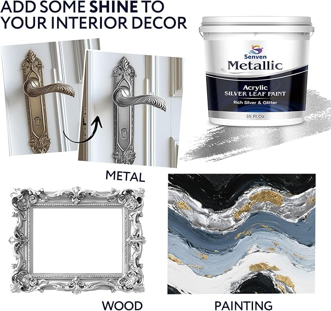 Silver Paint 35 Fl Oz Metallic Liquid Silver Leaf Paints Rich Silvers Paint for Metal, Wood, Canvas, Appliance, Furniture, Clay DIY Art Handcrafts Fast Dry Acrylic Metallic Finish Artwork Home Décor
