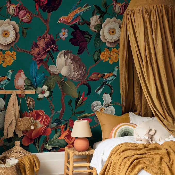 Zeeko Vintage Floral Wallpaper Peel and Stick Large Blue Flower Wall Murals for Bedroom TV Background Wall Paintings Art Deco 98" H x 59" W