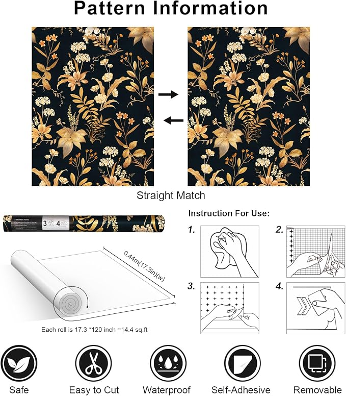 Simon&Siff Vintage Floral Peel and Stick Wallpaper 17.3" x 120" | Black Gold Botanical Contact Paper, Removable Wall Paper, Renter Friendly, for Cabinets, Furniture, DIY Decor
