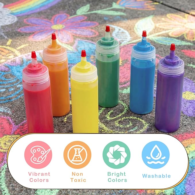 DIY Sidewalk Chalk Paint Kit for Kids Non Toxic Paint Washable Powdered Chalks with Plastic Squeeze Bottle Mix in Water 6 Vibrant Colors for Creative Sidewalk and Chalkboard Fun(6 Packs)