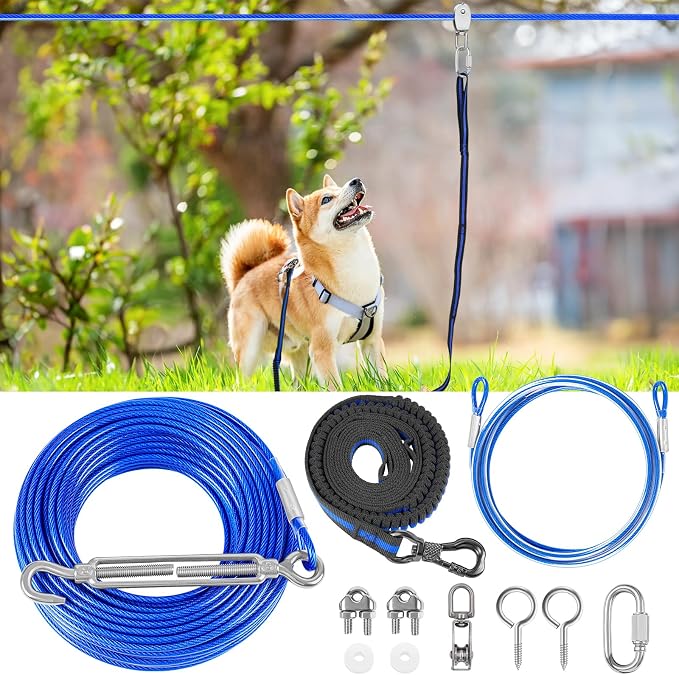 XiaZ Dog Tie Out Cable, 200ft Trolley Runner Cable for Dogs up to 250lbs, Dog Lead for Yard, Camping, Outdoor, with 8 Ft Nylon Bungee Runner, Cable Sling to Protect Trees,Blue