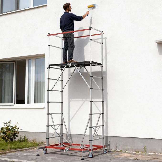 APARECIUM 12’ Aluminum Scaffolding, Foldable Scaffolding Ladder, Multipurpose Rolling Scaffolding Work Platform, Scaffold Tower, Ladder Stool Work Bench, Adjustable Work Platform, 330 Lbs Duty Rate