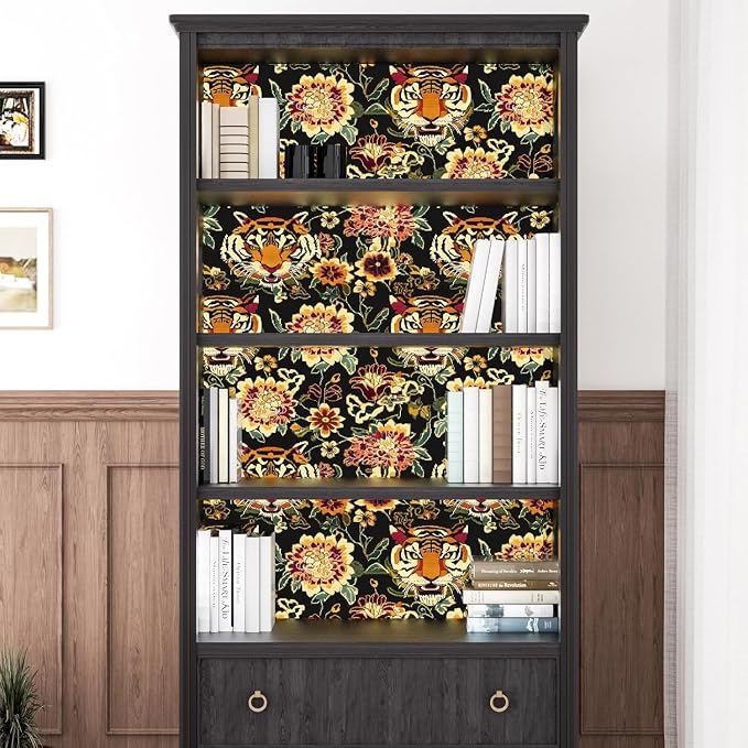 Yellow Gold Vintage Tiger Peel and Stick Wallpaper 17.5" x 787" | Waterproof Vinyl Self Adhesive Removable Renter Friendly Floral Contact Paper