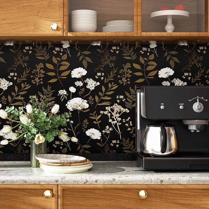 Laatse Dark Floral Wallpaper Peel and Stick Boho Wallpaper 17.5in x 118in Vintage Leaf Contact Paper Vinyl Waterproof Self Adhesive Leaf Botanical Wall Paper for Bedroom Walls Kitchen Cabinet