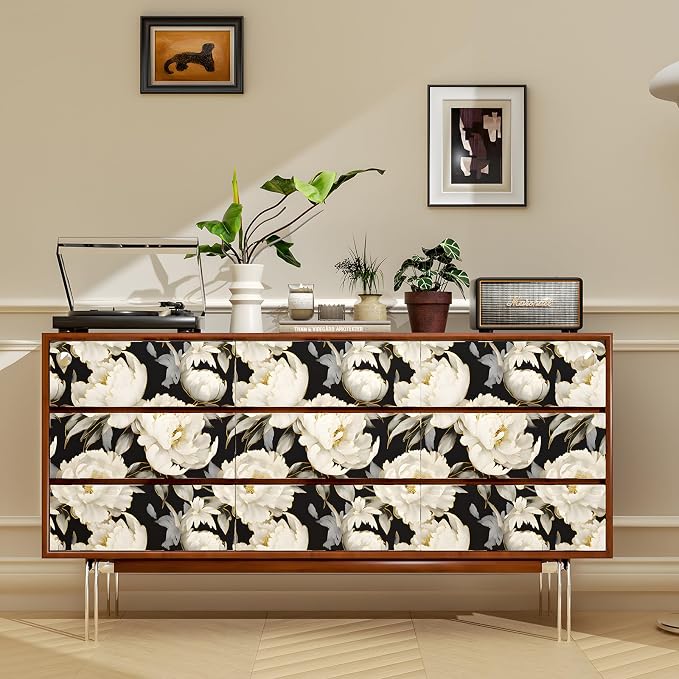 ILHIIOR Black/White Floral Peel and Stick Wallpaper 17.5 x 118 Inches | Leaf Removable Self Adhesive Waterproof Contact Paper, Renter Friendly Decor for Cabinets, Drawers & Bedroom Walls