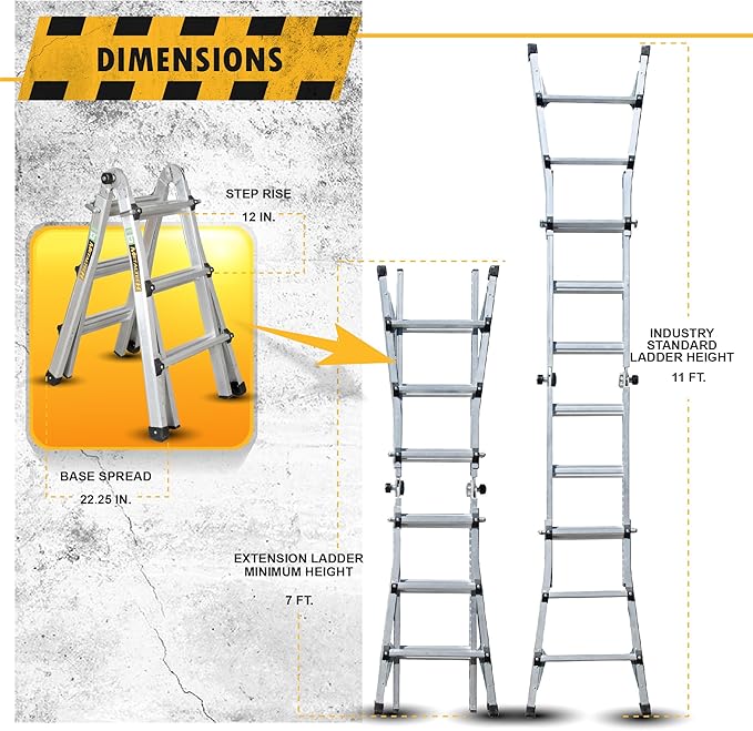 Metaltech E-MTL7000AL Jobsite Series 14-ft.-Reach Aluminum Telescoping Multi-Position Step Ladder for Home Improvement and Construction, Multipurpose Extension Ladder, Step Ladder, Scaffolding Support