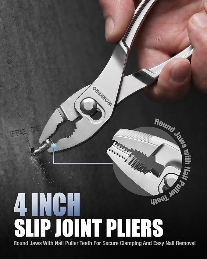 WORKPRO 4-Piece Mini Pliers Set with Pouch, Pocket Pliers, EDC Tool Gift | 4-Inch Plier Wrench, Slip Joint Plier, Water Pump Plier, 4.5-Inch Long Nose Slip Joint Plier, Alloy Steel, Anti-Rust Coating