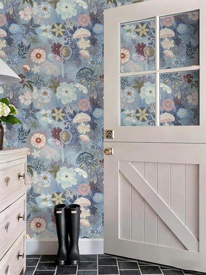 Ismoon Blue Wallpaper Peel and Stick Vintage Floral Contact Paper Jellyfish Ocean Stick on Wall Paper Removable Self Adhesive Vinyl Wallpaper for Bedroom Wall Decor Cabinet 17.3x78.7in