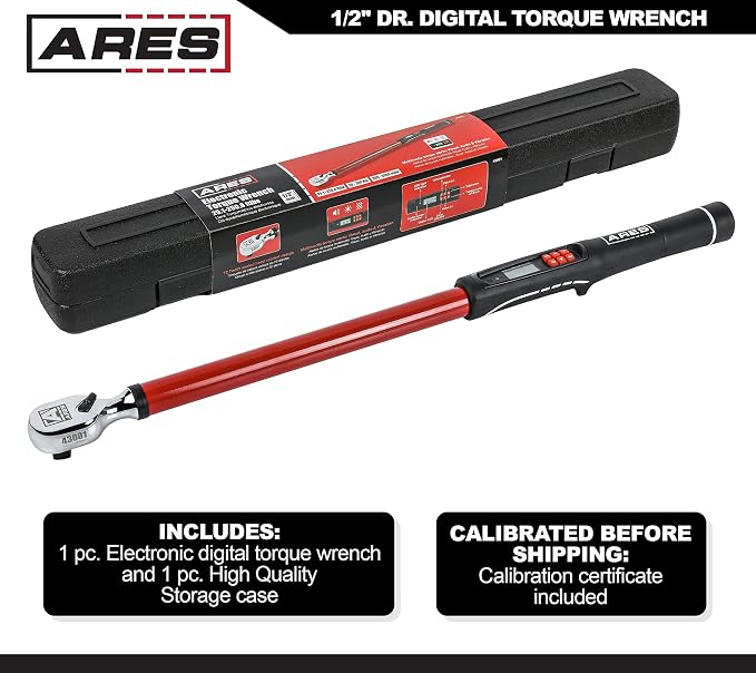 ARES 43001 1/2-Inch Drive Digital Torque Wrench | 25.1-250.8 ft-lb (30-340 Nm) Electronic Reversible Ratchet, Audio/Visual Multi-Alert, ±2% Accuracy