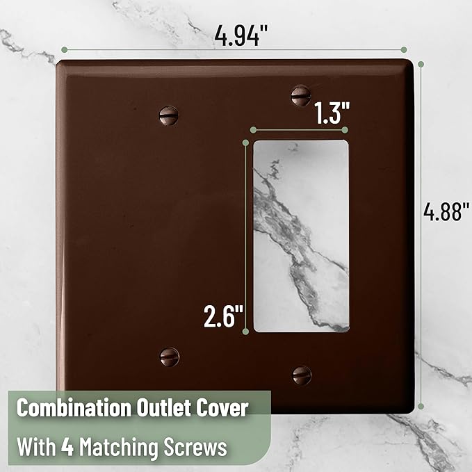 Bates- Combination Wall Plate, Mid-Size, 4.88"x4.94", Decorator/Blank, Brown Unbreakable Polycarbonate Thermoplastic, 2 Gang Wall Plate for Electrical Outlets