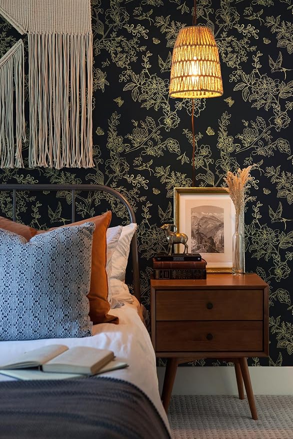 Froluya Black and Gold Wallpaper Peel and Stick Wallpaper 17.7"x196.8" Vintage Floral Boho Peel and Stick Wall Paper Dark Removable Self Adhesive Contact Paper for Bedroom Cabinets Shelf Liner Vinyl