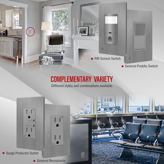 ENERLITES Decorator Light Switch or Receptacle Wall Plate, Screwless Wall Plate, Standard Size, 1-Gang 4.68" x 2.93", Polycarbonate Thermoplastic, UL Listed, SI8831-BGY-10PCS, Brushed Gray, 10 pack