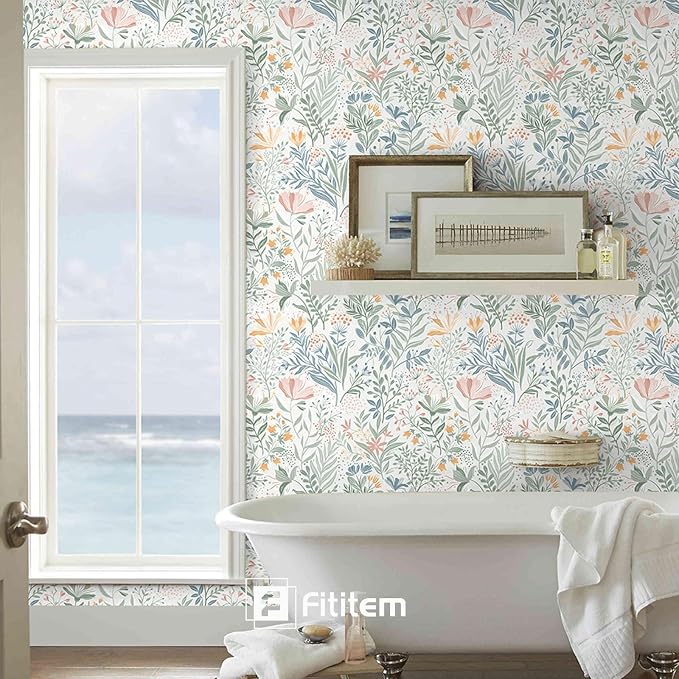 Fititem Floral Peel and Stick Wallpaper Boho Modern Wall Paper 17.3”×787” | Wildflower Self Adhesive Contact Paper for Cabinet Fun Nature Removable Waterproof Wallpaper for Bathroom Kids Bedroom Decor