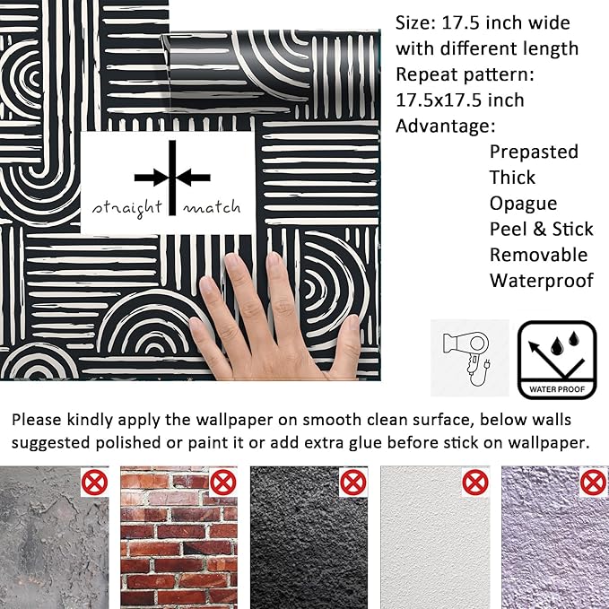 Livelynine Geometric Peel and Stick Wallpaper Black and White Modern Mid Century Geometric Abstract Wall Paper Contemporary Minimalist Lines 17.5x78.8 Geometric Pattern Contact Paper for Cabinets