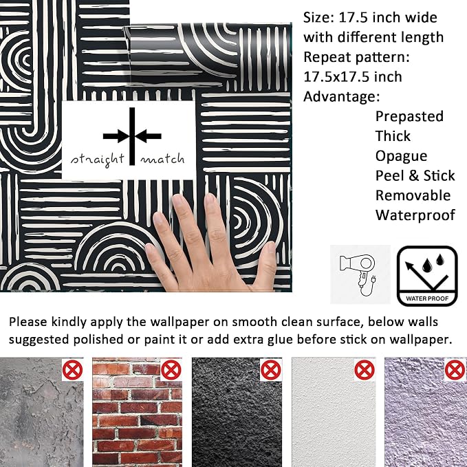 Livelynine 17.5x276 Mid Century Modern Wallpaper Geometric Black and White Peel and Stick Wall Paper with Designs Abstract Accent Wall Covering Aesthetic Bedroom Bathroom Line Contact Paper for Walls