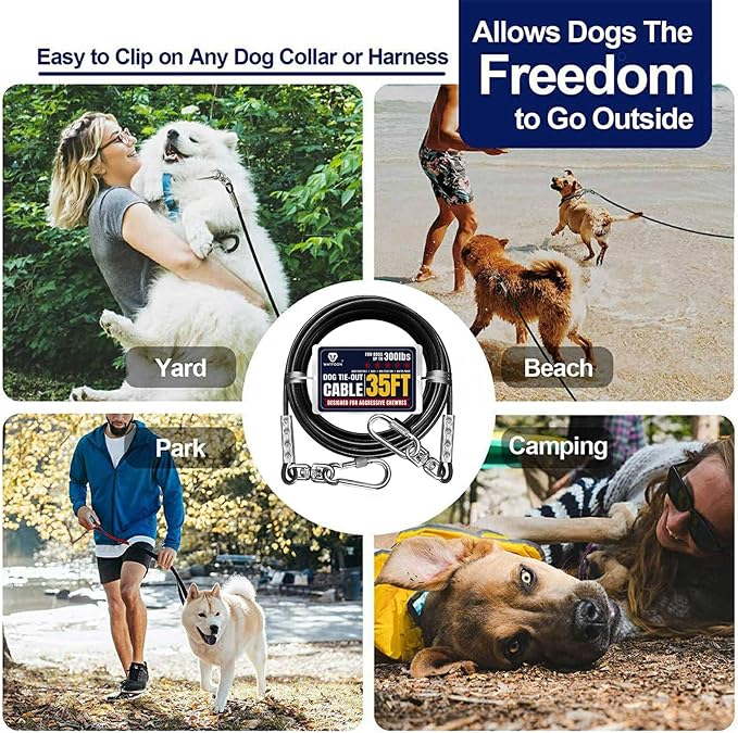 Tie Out Cable for Dogs Up to 300lbs,35ft Extra Strong 1000lbs Break Strength Tie-Out Tether Trolley Training Lead,Dog Run Cable for Yard Garden Park Camping Outside (Black, 300lbs 35ft)