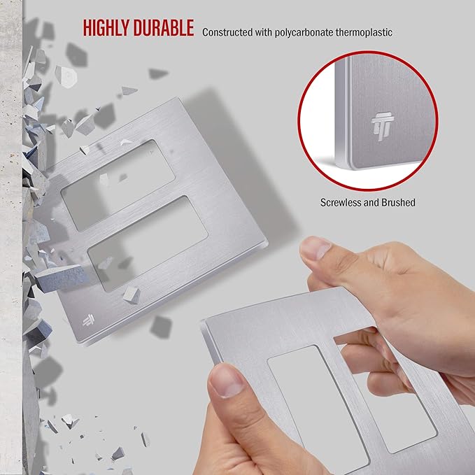 ENERLITES Elite Series Screwless Decorator Wall Plate Child Safe Outlet Cover, Size 2-Gang 4.68" H x 4.73" L, Unbreakable Polycarbonate Thermoplastic, SI8832-BSV, Brushed Silver (10 Pack)