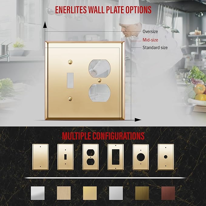 ENERLITES Combination Toggle Switch and Duplex Receptacle Metal Wall Plate, Outlet Cover, Corrosion-Resistant, Mid-Size 2-Gang 4.88" x 4.92", Stainless Steel 201, 771121M-PB, Polished Brass