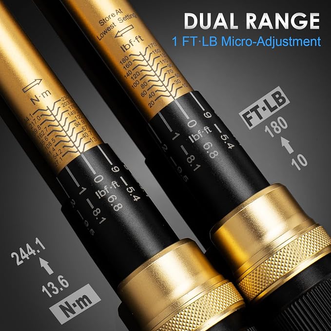 1/2" Drive Click Torque Wrench Set 3PCS, 10-180 FT-LB/13.6-244.1 Nm | ±3% Accuracy, 72-Tooth Ratchet with 3/8 Adapter & Extension Bar, Lug Nut Torque Wrench for Car Tire, Wheel & Motorcycle