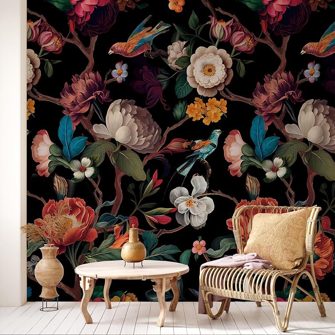 Zeeko Vintage Floral Wallpaper Peel and Stick Large Black Flower Wall Murals for Bedroom TV Background Wall Paintings Art Deco 98" H x 59" W