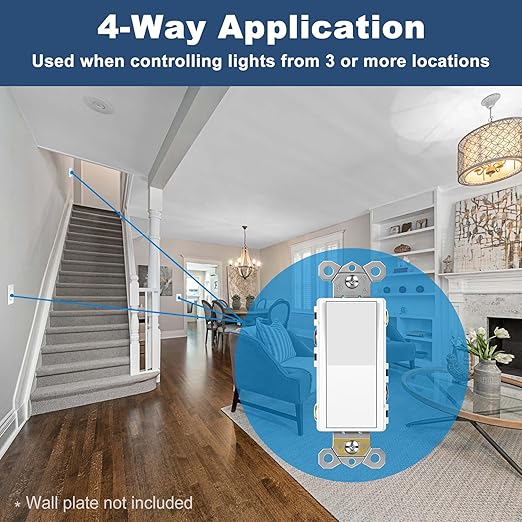 CML 4 Way Decorator Light Switch, 10 Pack Rocker Paddle Wall Switch, 15A 120/277V, Self-Grounding, On/Off Interrupter, ETL Listed, White