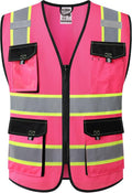 JKSafety Hi Vis Reflective Safety Vests for Men Women High Visibility Vest with Pockets Mesh Fabric Construction Safety Apparel Neon Vest for Work (220-Pink XL)