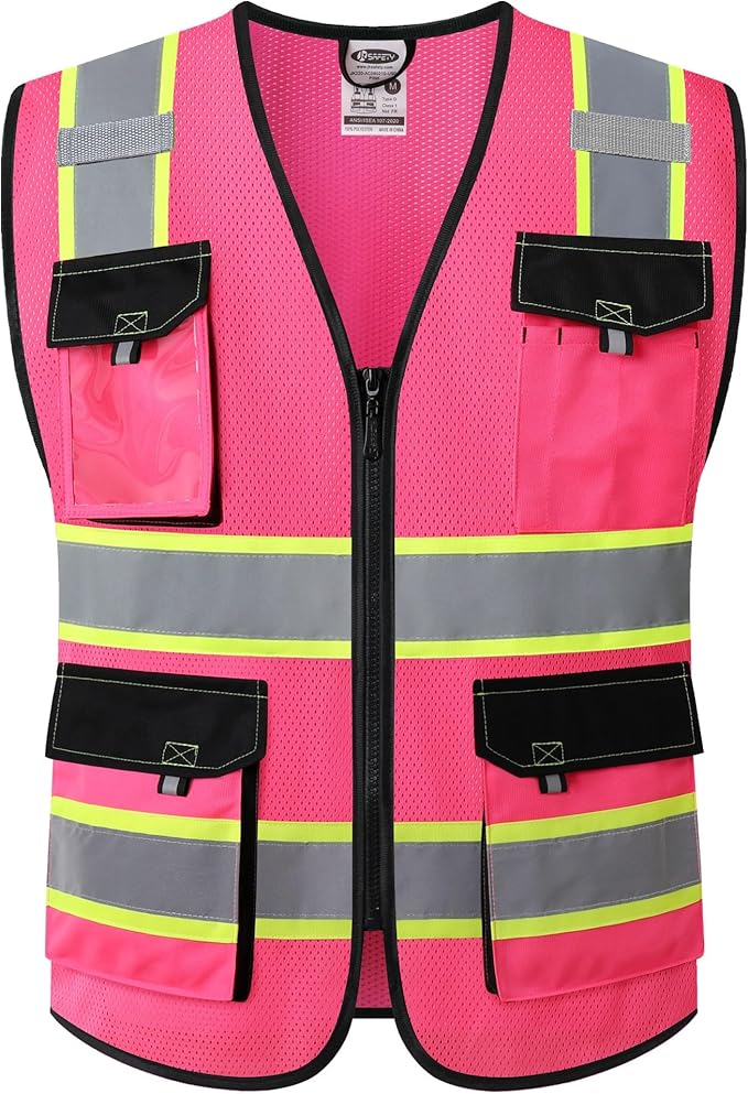 JKSafety Hi Vis Reflective Safety Vests for Men Women High Visibility Vest with Pockets Mesh Fabric Construction Safety Apparel Neon Vest for Work (220-Pink L)