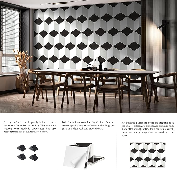 12Pack Acoustic Panels, Self-Adhesive Sound Proof Panels for Walls, Decorative 3D Textured Printing Sound Dampening Panels Sound Absorption Tiles for Studio, Office, Home, 12×12×0.4", Black and White