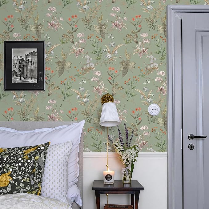 Simon&Siff Vintage Floral Peel and Stick Wallpaper 800" x 17.3" | Sage Green Botanical Contact Paper, Self Adhesive Removable Wall Paper, Renter Friendly, Bedroom Cabinets DIY Decor