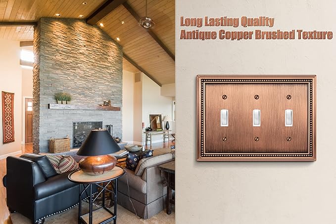 Henne Bery Sunken Pearls Heavy Duty Decorative Wall Plate Switch Plate Outlet Cover (Triple Toggle, Antique Copper)