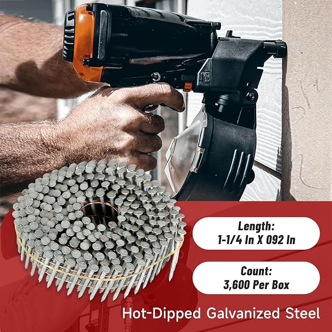 findmall 3600 Count Siding Nails 1-1/4 Inch by .092 Inch 15 Degree Ring Shank Hot-Dipped Galvanized Collated Wire Coil. Adapted to Gun Type CN55 or CN45