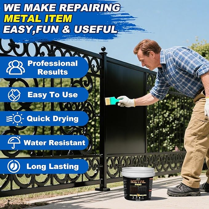 Meuvcol Metal Paint, 35 Fl oz Rust Preventive & Weatherproof Protective Coating, Black Paint for Metal Surfaces, Water-Based Matte Interior/Exterior Paint for Railings, Fences, Gates & Furniture