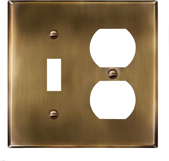ENERLITES Combination Toggle Switch and Duplex Receptacle Metal Wall Plate, Stainless Steel 201 Outlet Cover, Corrosion-Resistant, Standard Size 2-Gang 4.50" x 4.57", 771121-AB, Antique Brass