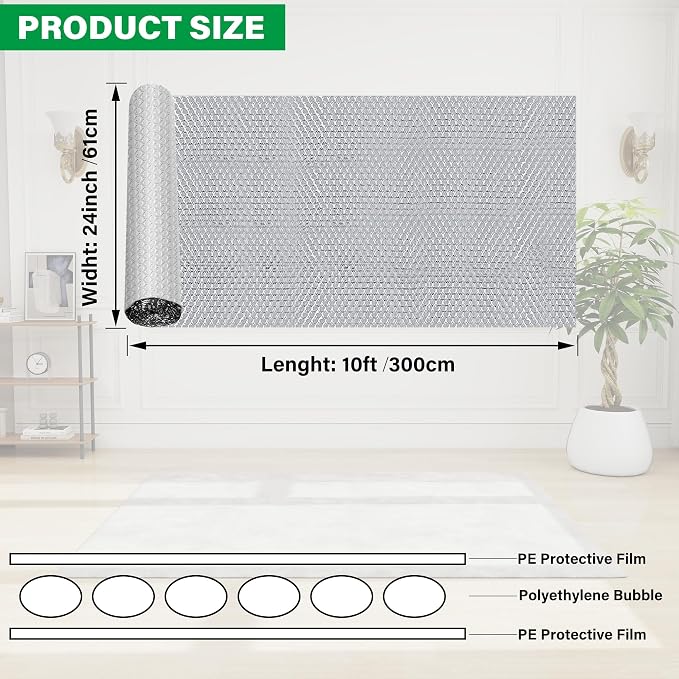 winemana Window Insulation Roll, 24IN x 10FT Reflective Heat Shield Bubble Film, Double-Sided Aluminum Foil Insulation, Weatherproof Garage Door Cover for Windows, RV, Basement, Winter & Summer