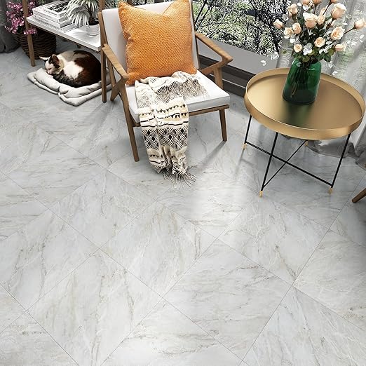 WESTICK Beige Marble Floor Tiles Peel and Stick Waterproof Bathroom Floor Tile Stickers Thick Adhesive Vinyl Flooring Decorative Removable Kitchen Peel Stick Flooring Tile for Bedroom 5 PCS 12" x 12"