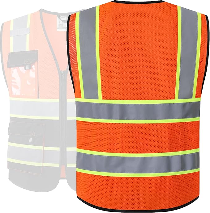 JKSafety Hi Vis Reflective Safety Vests for Men Women High Visibility Vest with Pockets Mesh Fabric Construction Safety Apparel Neon Vest for Work (220-OBlack S)