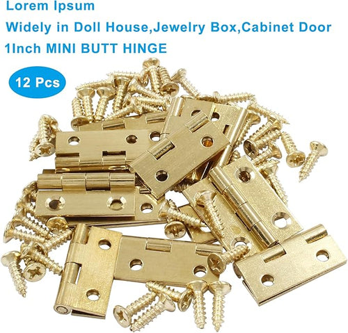 12Pcs Solid Brass Mini Hinges, 1 Inch Mini Solid Brass Butt Hinges, Small Folding Brushed Gold Interior Door Hinges