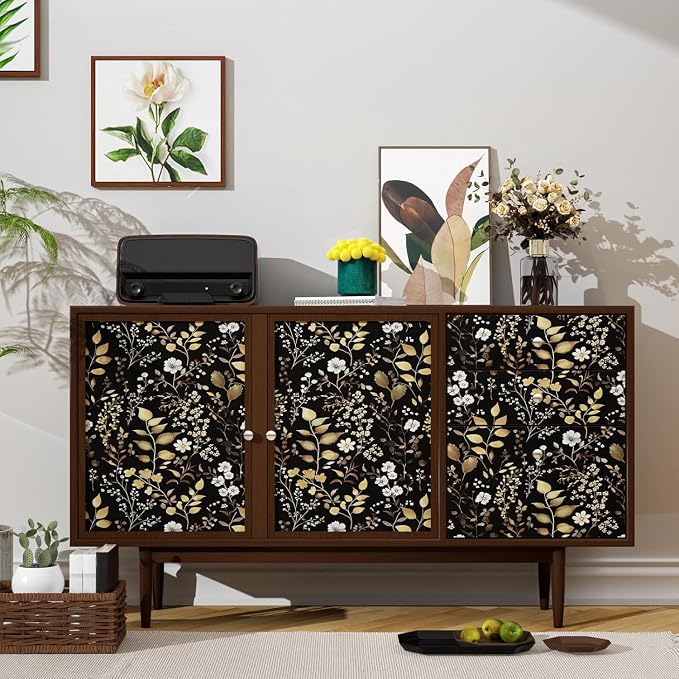 Vintage Dark Floral Gold Leaf Peel and Stick Wallpaper 17.5"x787" | Self Adhesive/Removable/Waterproof/Thick Vinyl Extra Long Contact Paper for Bathroom Bedroom Shelf Cabinet Drawer,Prepasted