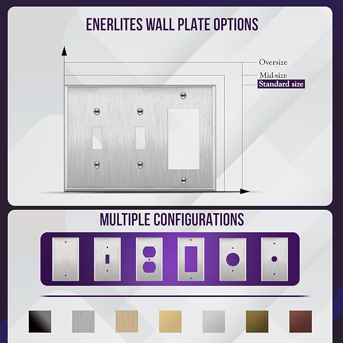 ENERLITES Combination Toggle Light Decorator Switch Metal Wall Plate, Corrosive Resistant, Size 3-Gang 4.50" x 6.38", 430 Gauge Alloy, 771231, Stainless Steel, Silver
