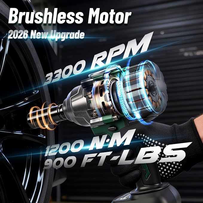 2026 Impact Wrench 900ft-lbs(1200N.m), 1/2" Impact Gun with 2x4.0Ah Battery, 21V Cordless Impact Driver High Torque with 5 Sockets, Pistola Llave De Impacto Brushless for Truck RV Home Car