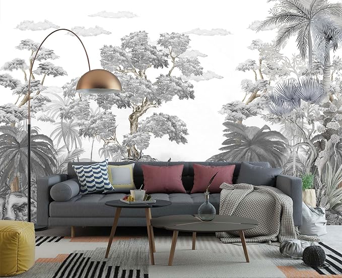 YIHWM-Peel and Stick Tropical Rainforest Wallpaper Grey Jungle Plants Mural | Tear-resistant,with a substantial feel;Will not be damaged during repositioning.Bathroom,Bedroom wallpaper.L-137"x96"