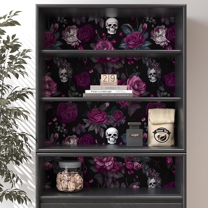 ILHIIOR Black Floral Gothic Peel and Stick Wallpaper 17.5 x 118 Inches | Leaf Removable Self Adhesive Waterproof Contact Paper, Renter Friendly Decor for Cabinets, Drawers & Bedroom Walls