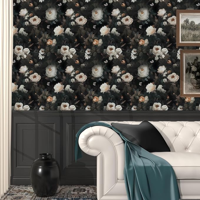 Fvlow Black White Floral Peel and Stick Wallpaper 17.4" x 118" | Renter Friendly, Removable & Waterproof, Vinyl Easy Install for Bedrooms, Bathrooms, Kitchens, Cabinets and Home Decor