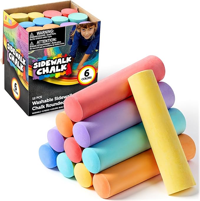 JOYIN 12 PCS Washable Sidewalk Chalks Set Non-Toxic Jumbo Chalk for Schools, Outdoor Art Play, Paint on Chalkboard, Blackboard and Playground (6 Colors)